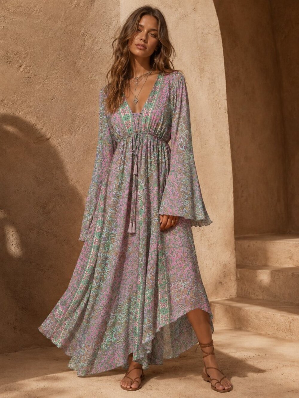 NWT Zury Real Silk Maxi Dress Long Sleeve Boho Caftan Pink and Green size S M L